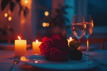 Poster - Romantic dinner setting with roses, candles, and wine glasses during a cozy evening. Generative AI