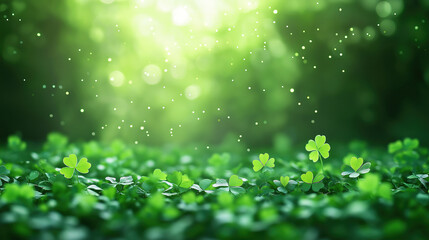 Wall Mural - st patrick’s day clover confetti floating with a green bokeh background for festive celebration