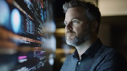 Focused Programmer Analyzing Code on Screen, technology expertise and data analysis for software development