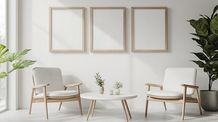 Canvas Print - Minimalist living room interior with three empty frames, two armchairs, and a coffee table.