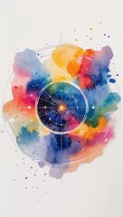 Sticker - Abstract Celestial Wheels of Color watercolor in Fantasy & Abstract on plain white background