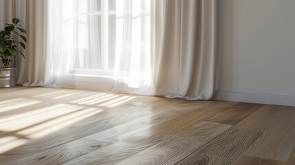 Wall Mural - Bright and airy interior with wooden floor, curtains, and plant