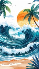 Wall Mural - Tropical Waves on a Sunny Day watercolor in Marine & Seascapes on plain white background