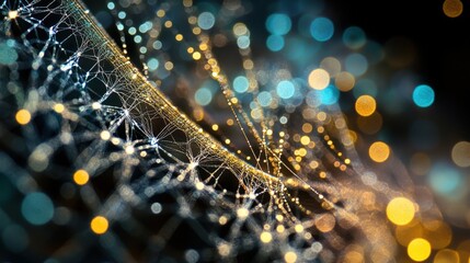 Wall Mural - glistening spider silk threads adorned with dew drops reflect the enchanting bokeh of city lights at