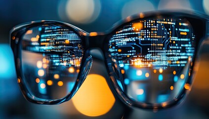 Night vision glasses reflecting digital code in city lights