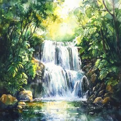 Poster - Waterfall cascading into a serene pool surrounded by lush greenery in a vibrant forest setting during daylight. Generative AI
