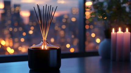 Wall Mural - Scented diffuser and candles on table at sunset.