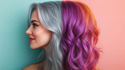 Poster - Transitioning from gray hair to vibrant dyed hair showcasing a beautiful contrast and a new style. Generative AI