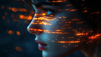 Wall Mural - close-up of a woman's profile illuminated by vibrant, glowing lines against a dark backdrop