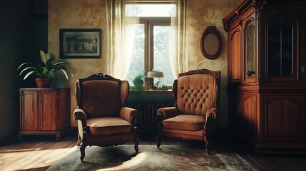 Sunlit vintage living room with two armchairs, wooden furniture, and plants.