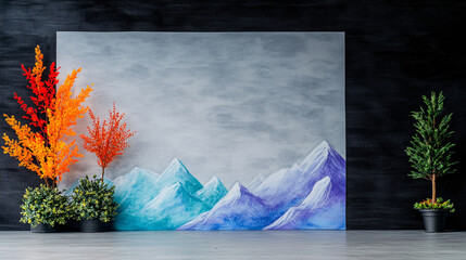 Wall Mural - vibrant mural depicting serene mountain landscape with colorful trees in pots, creating tranquil atmosphere. artwork features shades of blue, purple, and gray