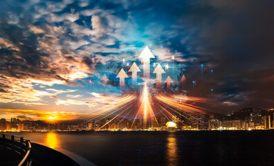 Leinwandbilder - Double exposure concept of arrows growing up from Hong Kong cityscape at night, symbolizing progress and ambition.