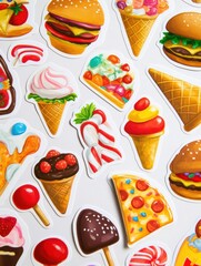 Leinwandbilder - Playful food stickers featuring pizza slices, ice cream cones, and burgers for creative projects and fun decorations. Generative AI