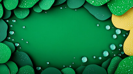 Wall Mural - Water droplets on vibrant green background with textured leaves create refreshing and natural atmosphere. composition features various shades of green and hints of yellow, enhancing visual appeal