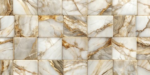 Wall Mural - Elegant Square Marble Tiles Wall Pattern Featuring Creamy White and Beige Tones with Golden Veins