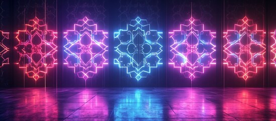Wall Mural - vibrant neon geometric patterns illuminate a reflective floor in a futuristic setting