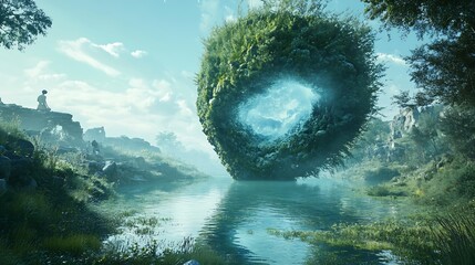 Aufkleber - Enchanting nature scene with a mystical orb surrounded by lush greenery and tranquil waters : Generative AI
