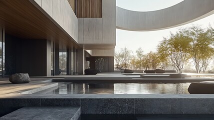 Poster - Contemporary Minimalist Architecture in Natural Light Featuring Water and Greenery : Generative AI