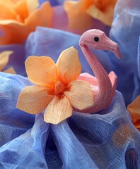 Pink Flamingo Figurine Among Orange Flowers and Blue Fabric