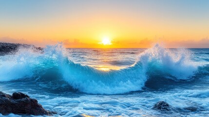 Wall Mural - Dramatic sunrise over ocean waves crashing on rocky shore