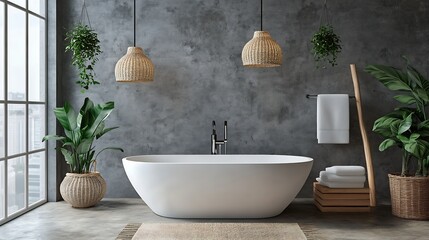 Poster - Stylish Industrial Bathroom Featuring Two Pendant Lights and a Cozy Freestanding Tub : Generative AI