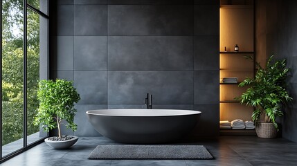 Poster - Elegant Modern Bathroom Featuring a Dark Freestanding Bathtub and Green Plants in a Contemporary Setting : Generative AI