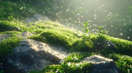 Leinwandbilder - Dewy Green Moss and Small Plants Glinting in Sunlight on Rocky Surface : Generative AI