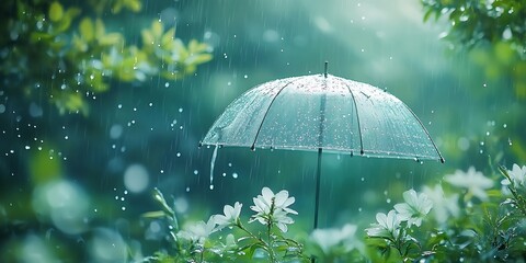 Poster - Beautiful transparent umbrella surrounded by lush greenery and raindrops in a serene nature setting : Generative AI