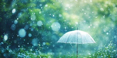 Aufkleber - Stunning outdoor shot of a beautiful umbrella with raindrops in a lush natural setting with blurred lights : Generative AI