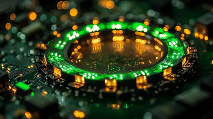 Leinwandbilder - Artistic close-up of an electronic circuit featuring glowing green components in a futuristic design : Generative AI