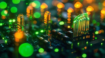 Fototapete - Artistic Representation of a Busy Circuit Board with Glowing Elements and Urban Style : Generative AI