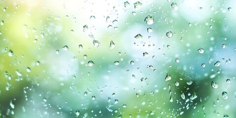 Poster - Close up of water droplets on glass window with blurred green background showcasing nature in rainy season : Generative AI