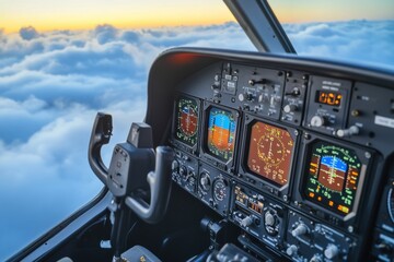 Poster - View from the cockpit of a helicopter flying above the clouds during sunset showcasing the instrument panel and controls. Generative AI