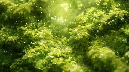 Poster - Abstract macro view of lush green moss covered in tiny water droplets glowing with sunlight : Generative AI