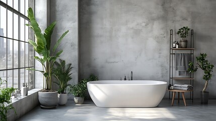 Aufkleber - Modern bathroom with freestanding tub and greenery in a stylish urban setting : Generative AI