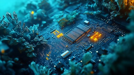 Aufkleber - Underwater themed artistic representation of a circuit board with glowing elements showcasing electronic connections : Generative AI