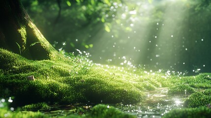 Leinwandbilder - Scenic moss-covered area with sparkling droplets and sunlight filtering through trees for a dreamy forest vibe : Generative AI