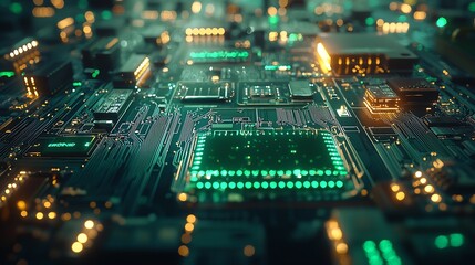 Fototapete - Detailed look at a high-tech circuit board showcasing intricate designs and glowing lights in various hues : Generative AI