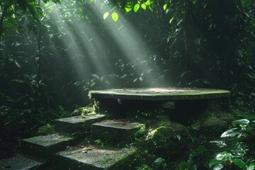 Sticker - Moss-covered stone platform in a lush forest, sun rays piercing through canopy. Ideal for mystical, spiritual, or nature-themed projects, evokes serenity and mystery.