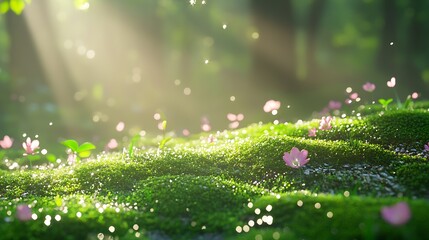 Poster - Charming Forest Scene with Delicate Pink Flowers Blossoming Amidst a Lush Green Carpet of Moss : Generative AI