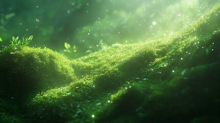 Aufkleber - Lush green moss landscape sparkling with dew in a dreamy forest illuminated by gentle sun rays : Generative AI