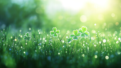 Wall Mural - celebrate st patrick’s day with a meadow and lucky four-leaf clover in dew, perfect for a banner des