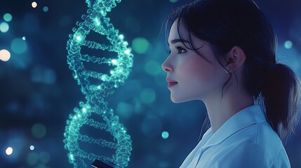 Aufkleber - Side profile of a young woman in a lab coat examining luminous DNA strands in a scientific environment : Generative AI