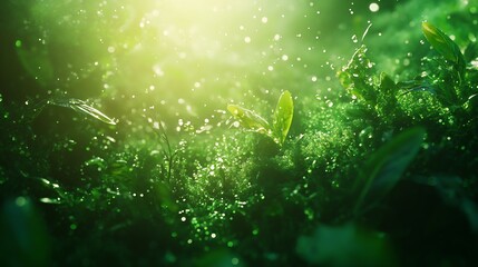 Poster - Close-Up of Dewy Green Plants and Moss with Soft Sun Rays Glinting in the Fresh Atmosphere : Generative AI