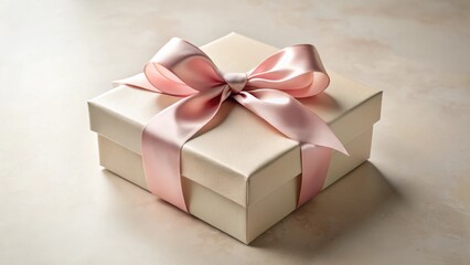 Wall Mural - A delicately tied blush pink satin ribbon adorns an elegant cream gift box, signifying a thoughtful present