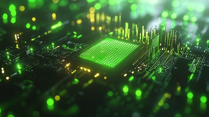 Poster - Close Up of a High-Tech Circuit Board with Glowing Green Elements and Data Patterns : Generative AI