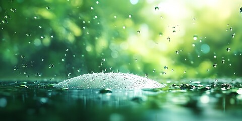 Poster - Water droplets splashing on a surface surrounded by lush green foliage creating a refreshing ambiance : Generative AI