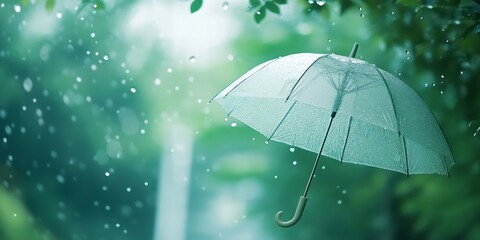 Aufkleber - Rainy day ambiance with a clear umbrella among lush greenery and raindrops falling : Generative AI