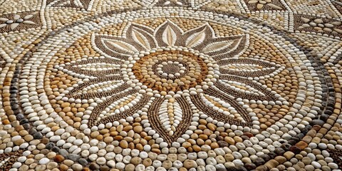 Wall Mural - Intricate Pebble Mosaic Design Featuring a Central Floral Motif Composed of Smooth Stones in Earthy Tones