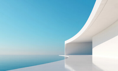 Poster - modern architectural design featuring smooth white curve against serene blue sky and calm water, creating tranquil and minimalist atmosphere